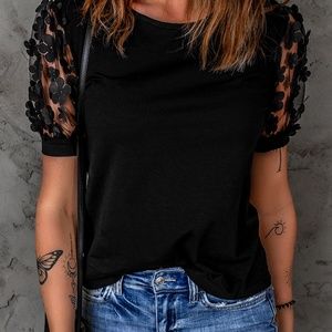 Floral Applique Spliced Mesh Sleeve Top
